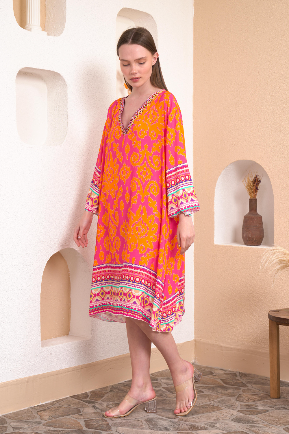 Oversized Long Sleeves V Neck Printed Midi Dress in Orange