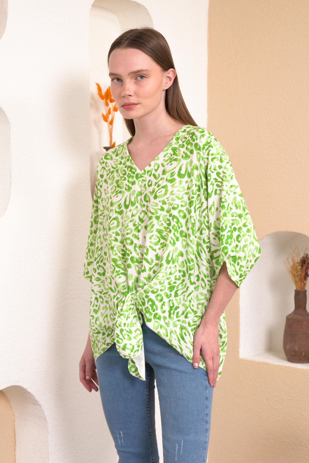 Oversized V Neck Leopard Printed Tie Detailed Top with 3/4 Sleeves in Green