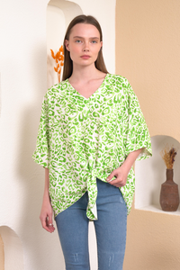 Oversized V Neck Leopard Printed Tie Detailed Top with 3/4 Sleeves in Green