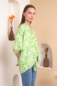 Oversized V Neck Leopard Printed Tie Detailed Top with 3/4 Sleeves in Green