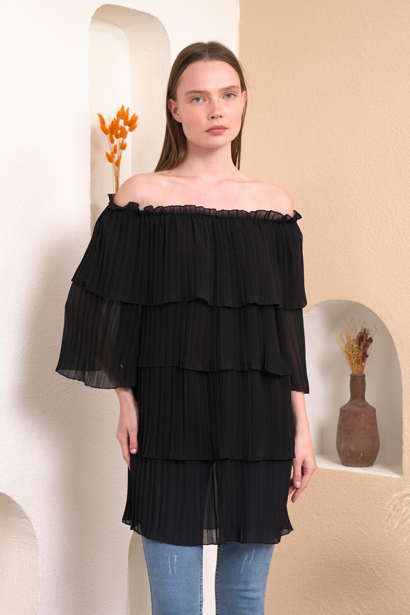 Off Shoulder Relaxed Fit 3/4 Sleeves Layered Blouse In Black