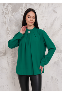 Oversized Long Sleeves Brooch Detailed Blouse in Green
