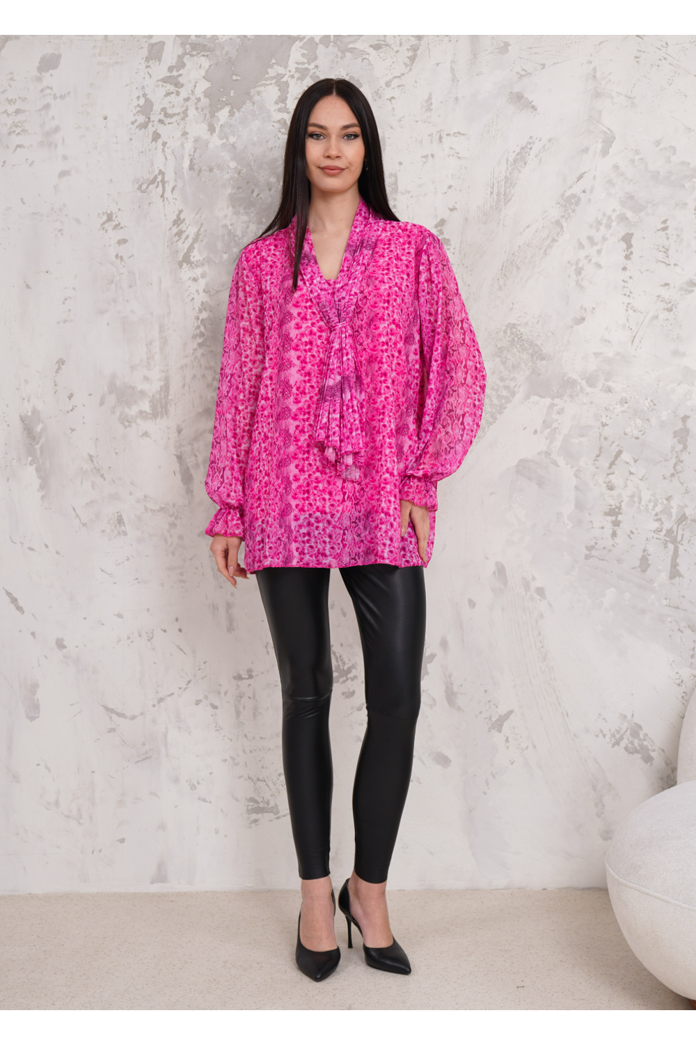 Oversized Floral Printed Pleated Tie Neck Long Bell Sleeves Blouse in Pink