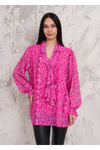 Oversized Floral Printed Pleated Tie Neck Long Bell Sleeves Blouse in Pink