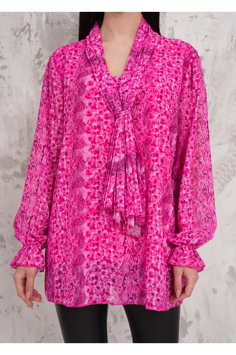 Oversized Floral Printed Pleated Tie Neck Long Bell Sleeves Blouse in Pink
