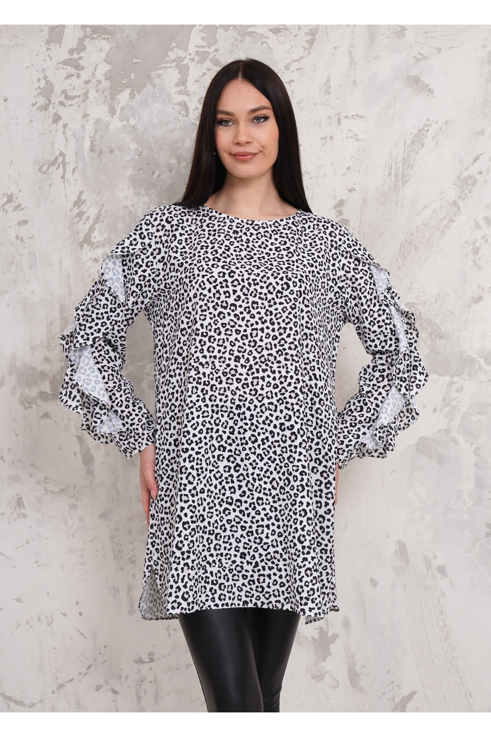 Oversized Long Ruffle Sleeve Relaxed Fit Tunic in Leopard Print