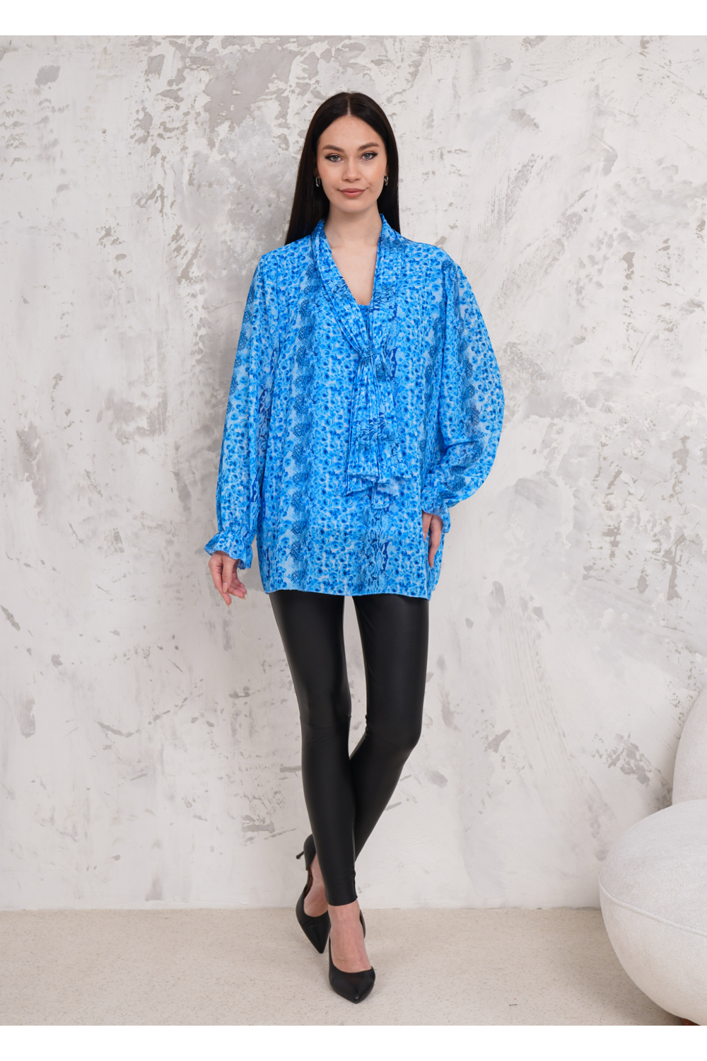 Oversized Floral Printed Pleated Tie Neck Long Bell Sleeves Blouse in Blue