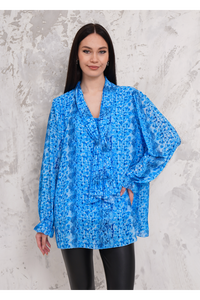 Oversized Floral Printed Pleated Tie Neck Long Bell Sleeves Blouse in Blue