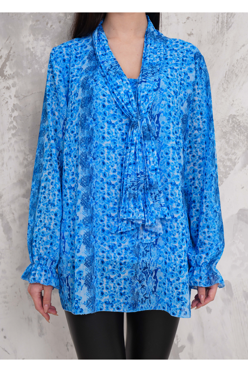 Oversized Floral Printed Pleated Tie Neck Long Bell Sleeves Blouse in Blue