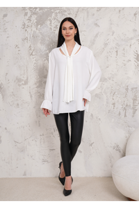 Oversized Pleated Tie Neck Long Bell Sleeves Blouse in White