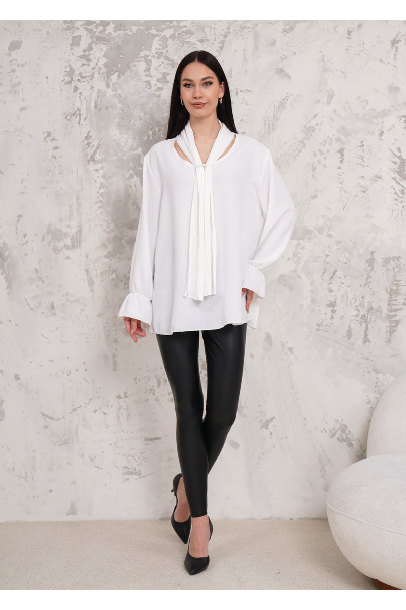 Oversized Pleated Tie Neck Long Bell Sleeves Blouse in White