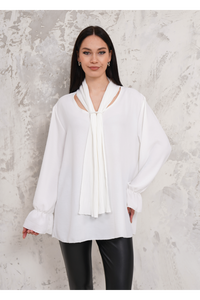 Oversized Pleated Tie Neck Long Bell Sleeves Blouse in White