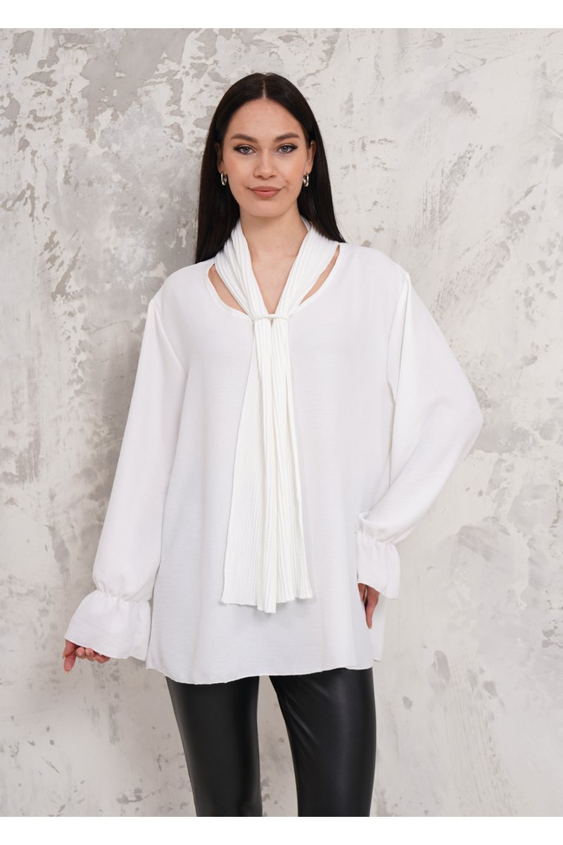 Oversized Pleated Tie Neck Long Bell Sleeves Blouse in White