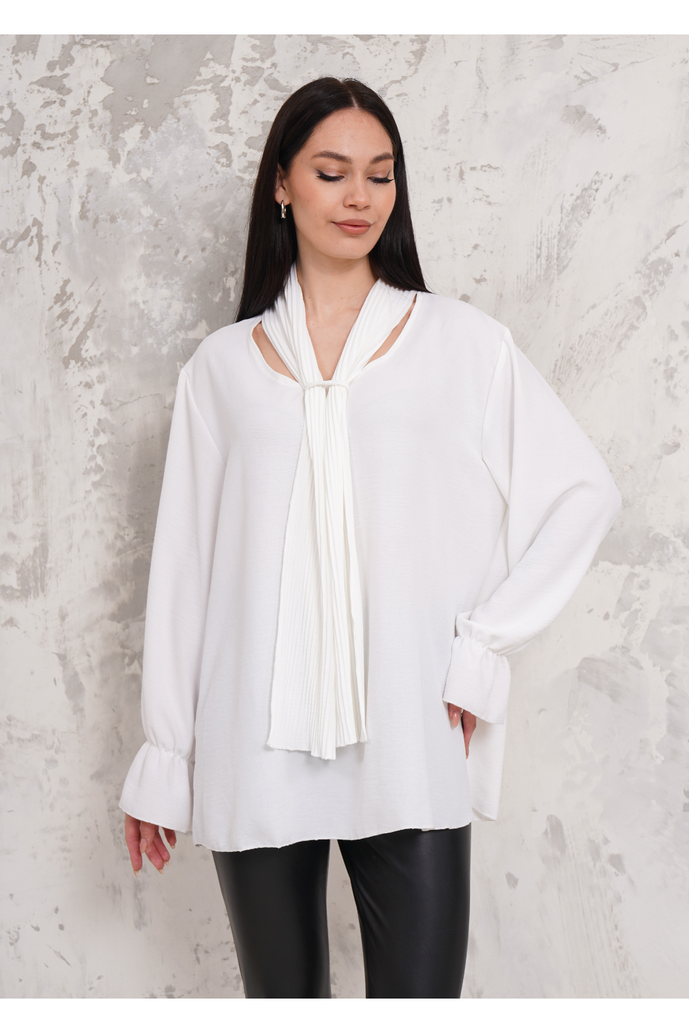 Oversized Pleated Tie Neck Long Bell Sleeves Blouse in White