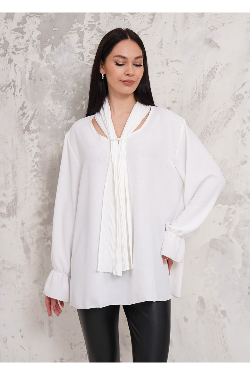 Oversized Pleated Tie Neck Long Bell Sleeves Blouse in White