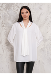 Oversized Pleated Tie Neck Long Bell Sleeves Blouse in White