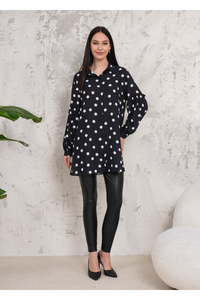 Oversized Long Sleeves Shirt Tunic with Polka Dot Printed in Black and White