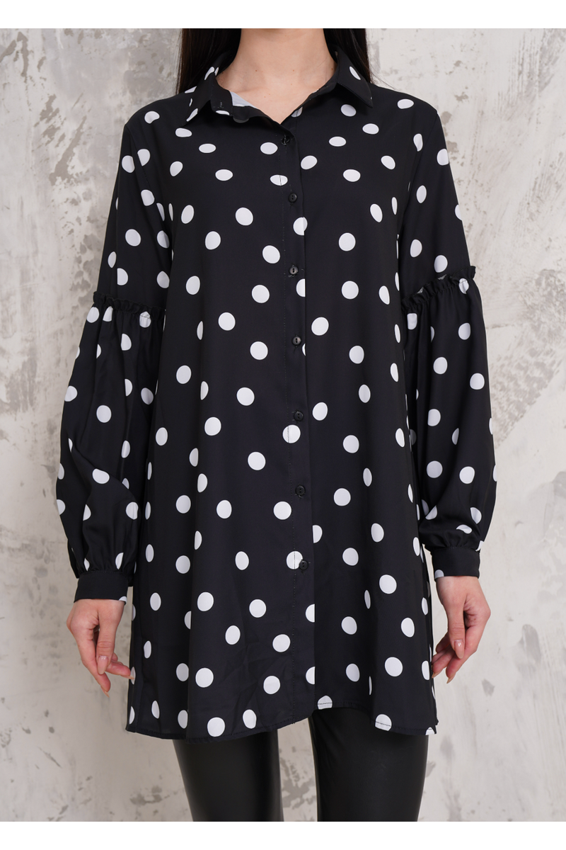 Oversized Long Sleeves Shirt Tunic with Polka Dot Printed in Black and White