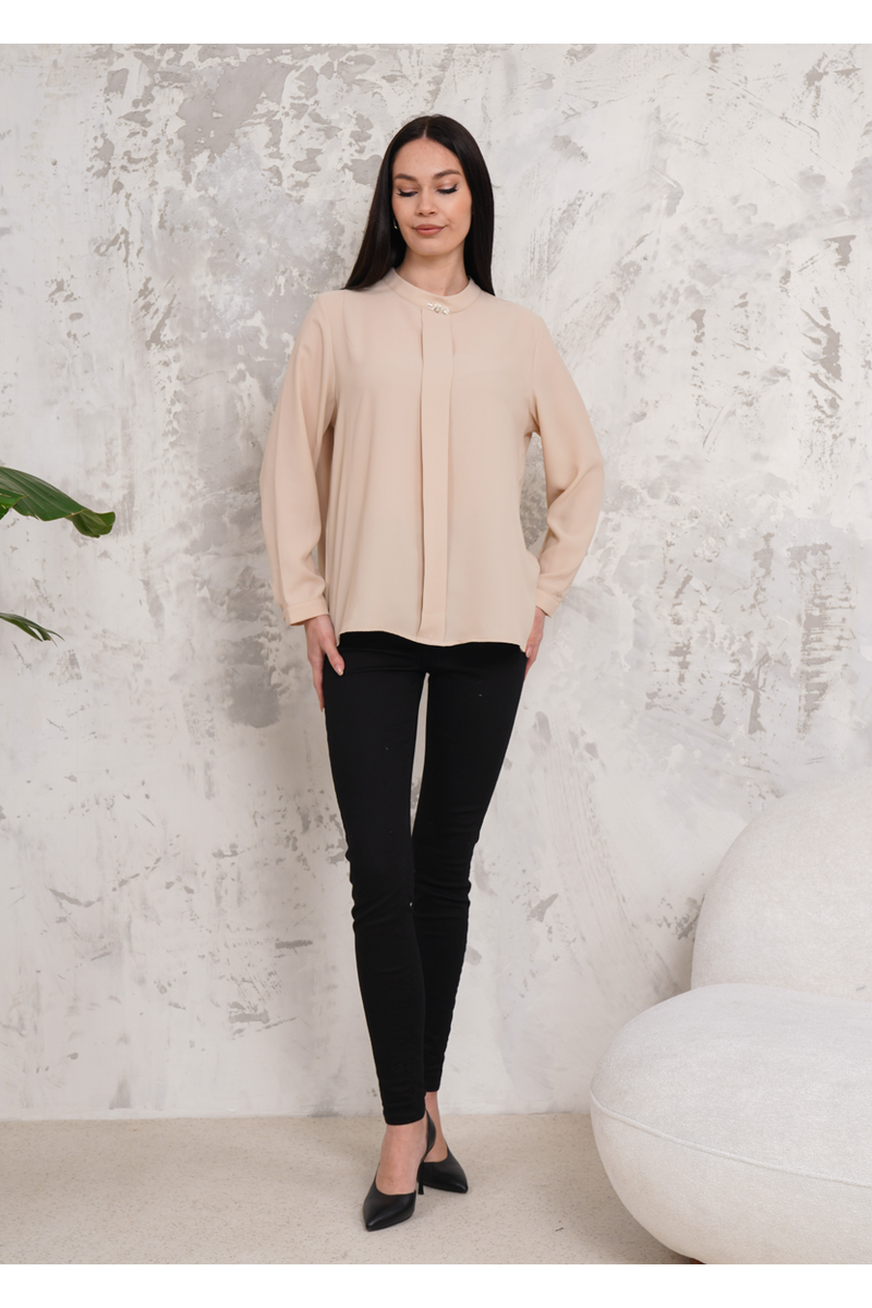 Relaxed Fit Long Sleeves Brooch Detailed Blouse in Beige