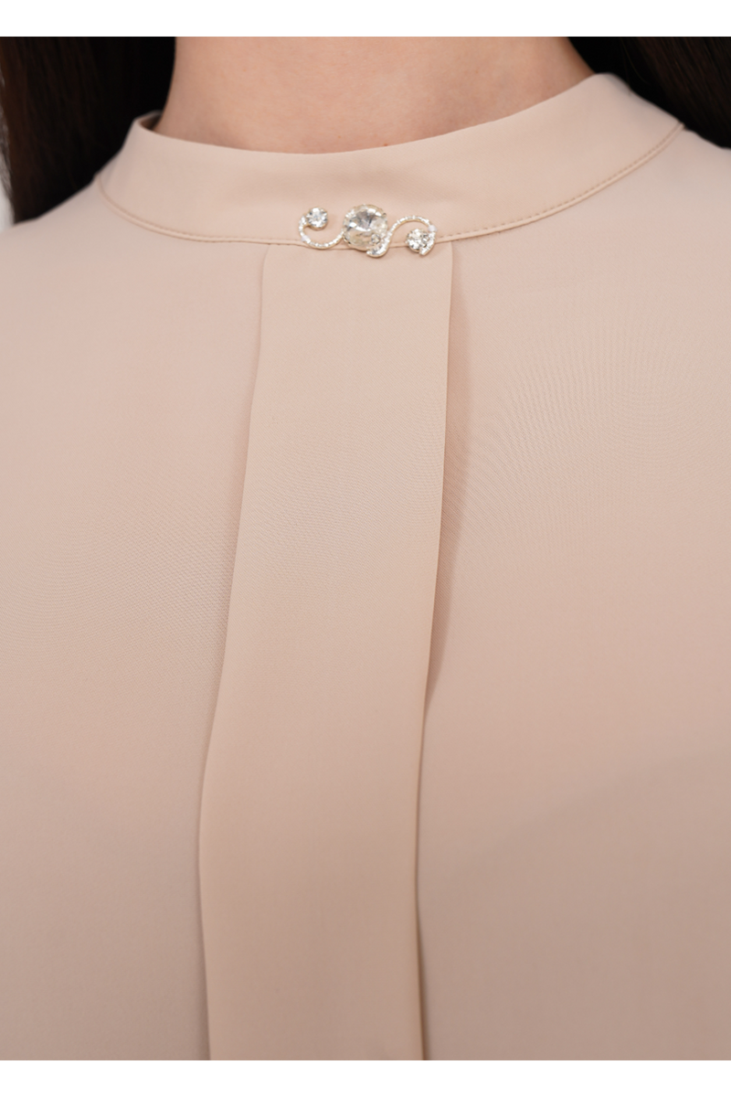Relaxed Fit Long Sleeves Brooch Detailed Blouse in Beige