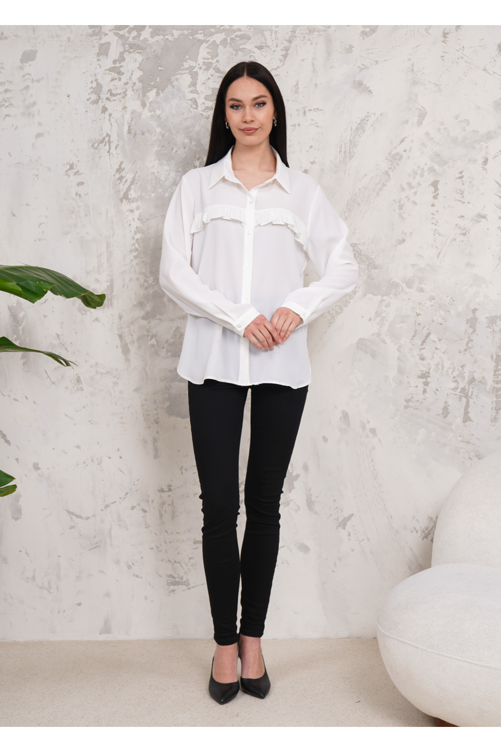 Oversized Frill Detailed Long Sleeves Blouse Shirt in White