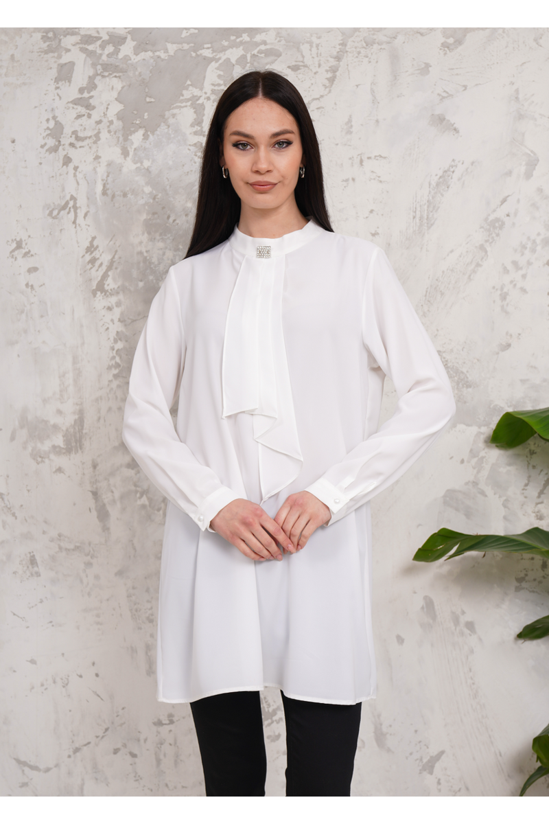 Oversized Long Sleeves Brooch Detailed Tunic in White