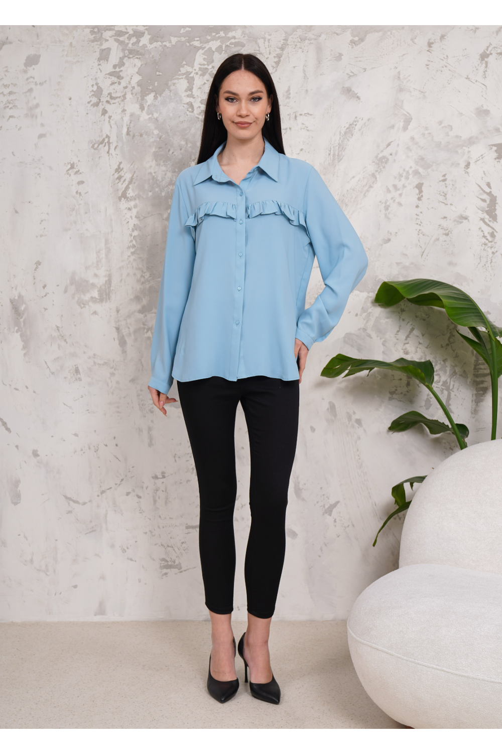 Oversized Frill Detailed Long Sleeves Blouse Shirt in Baby Blue