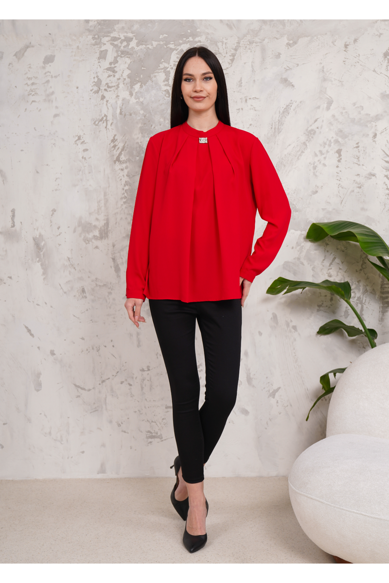 Oversized Long Sleeves Brooch Detailed Blouse in Red