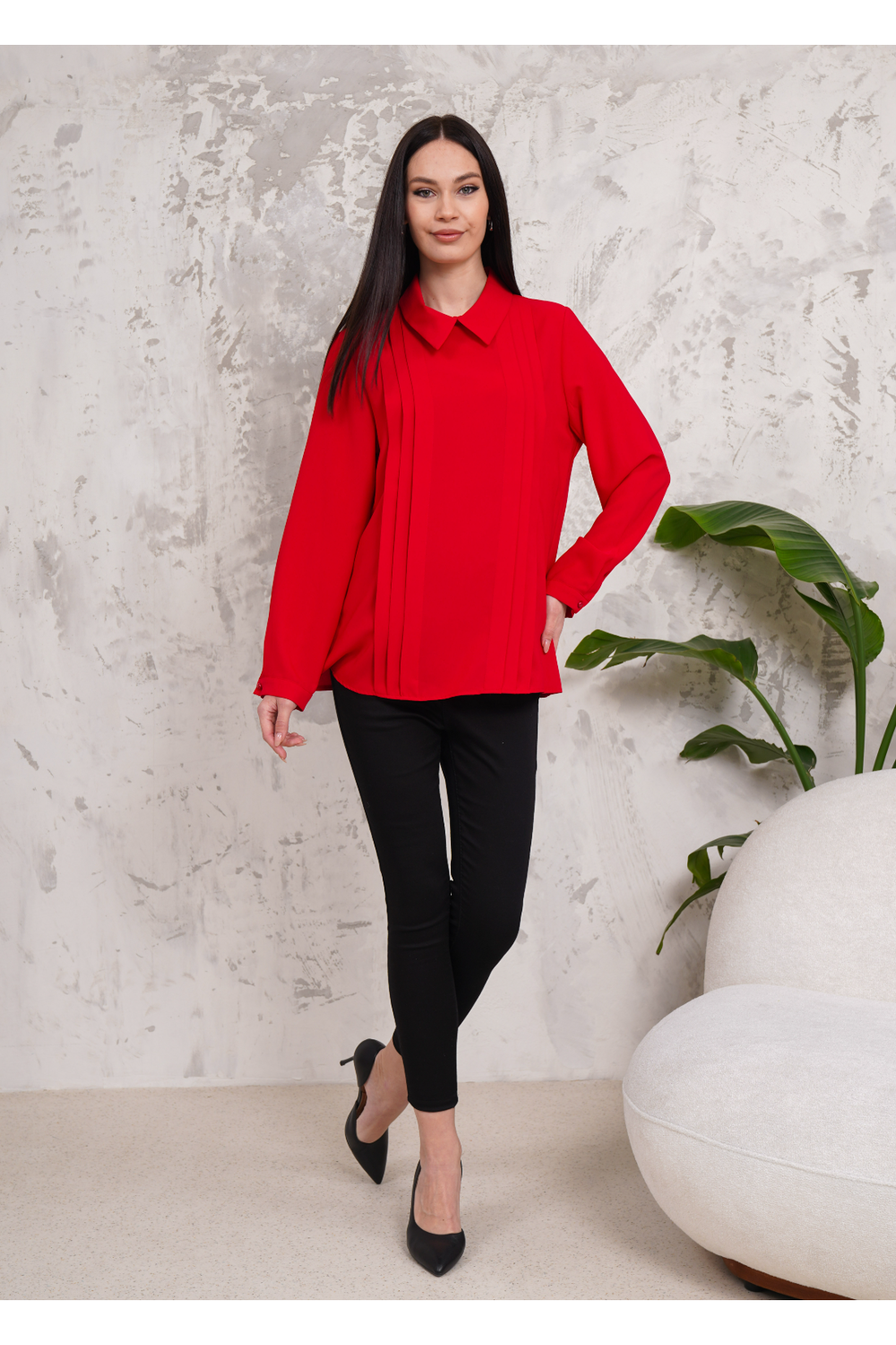 Oversized Long Sleeve Pleated Blouse in Red