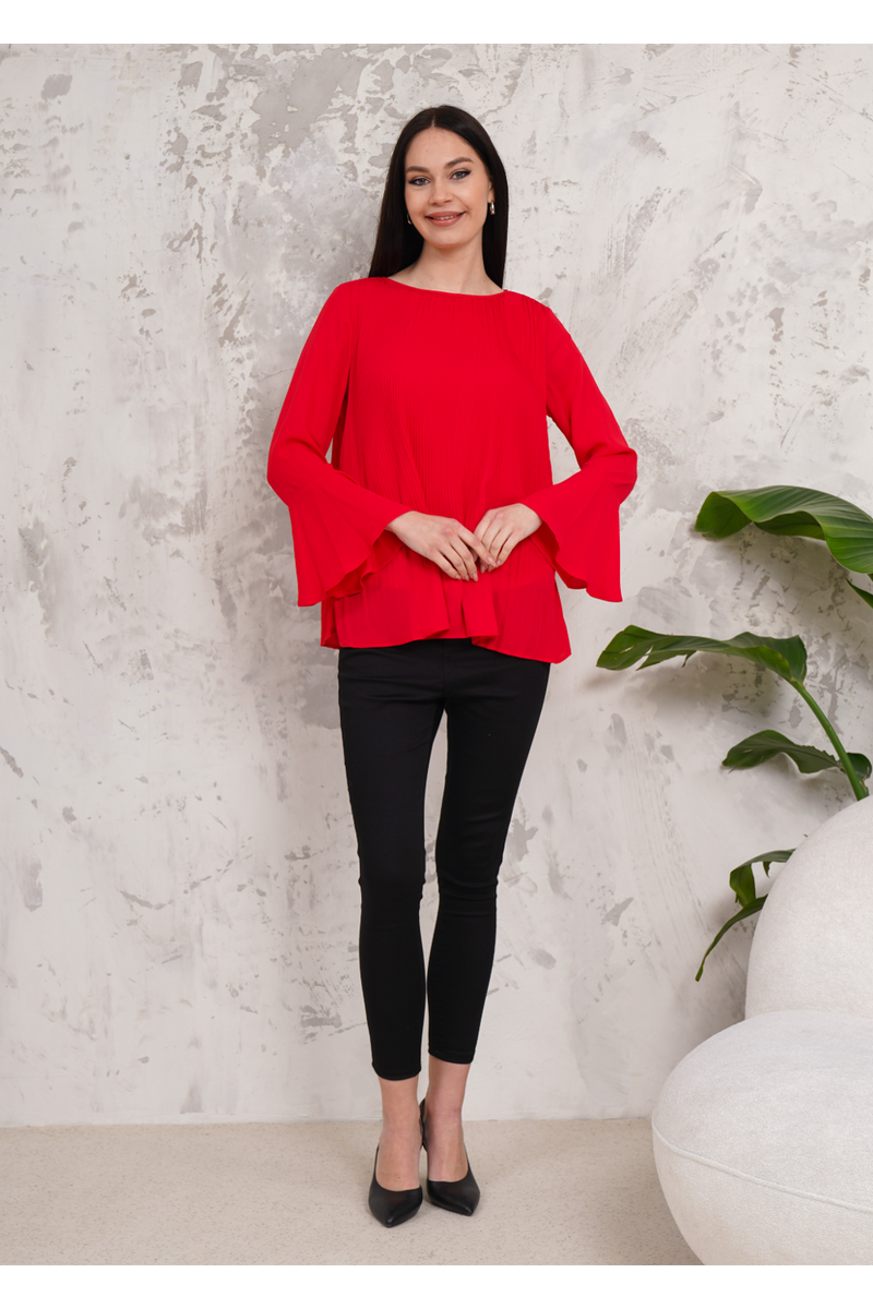 Oversized Bell Sleeve Detailed Pleated Blouse Top in Red
