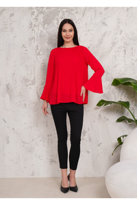 Oversized Bell Sleeve Detailed Pleated Blouse Top in Red