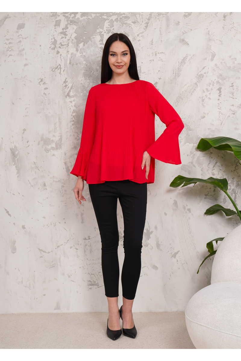 Oversized Bell Sleeve Detailed Pleated Blouse Top in Red