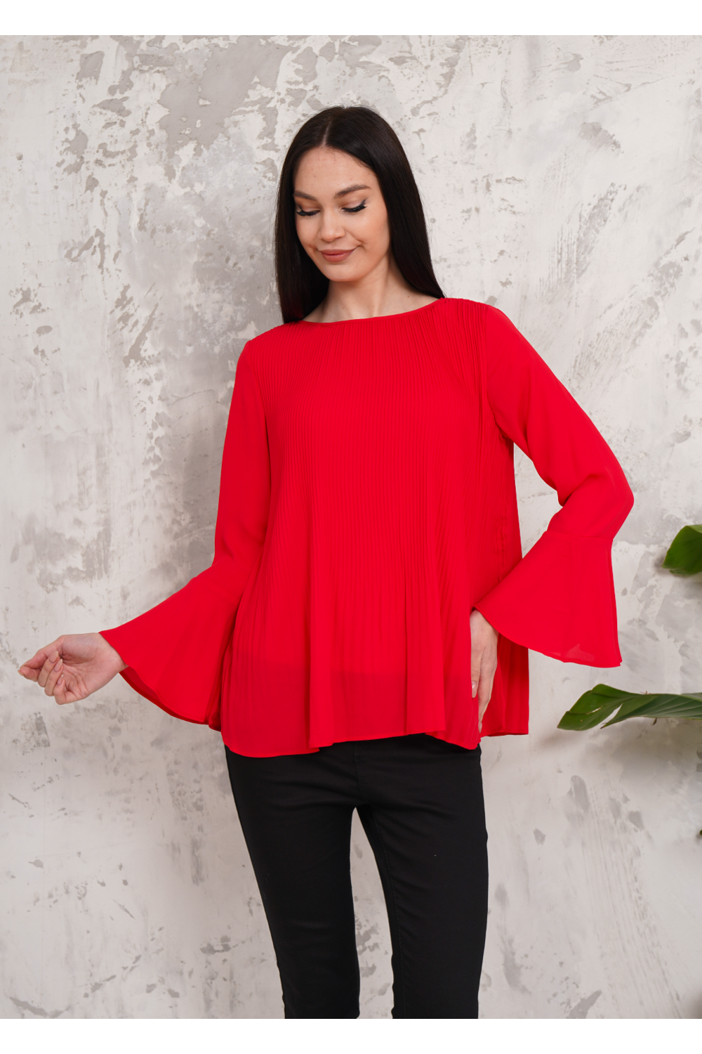 Oversized Bell Sleeve Detailed Pleated Blouse Top in Red
