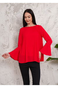 Oversized Bell Sleeve Detailed Pleated Blouse Top in Red