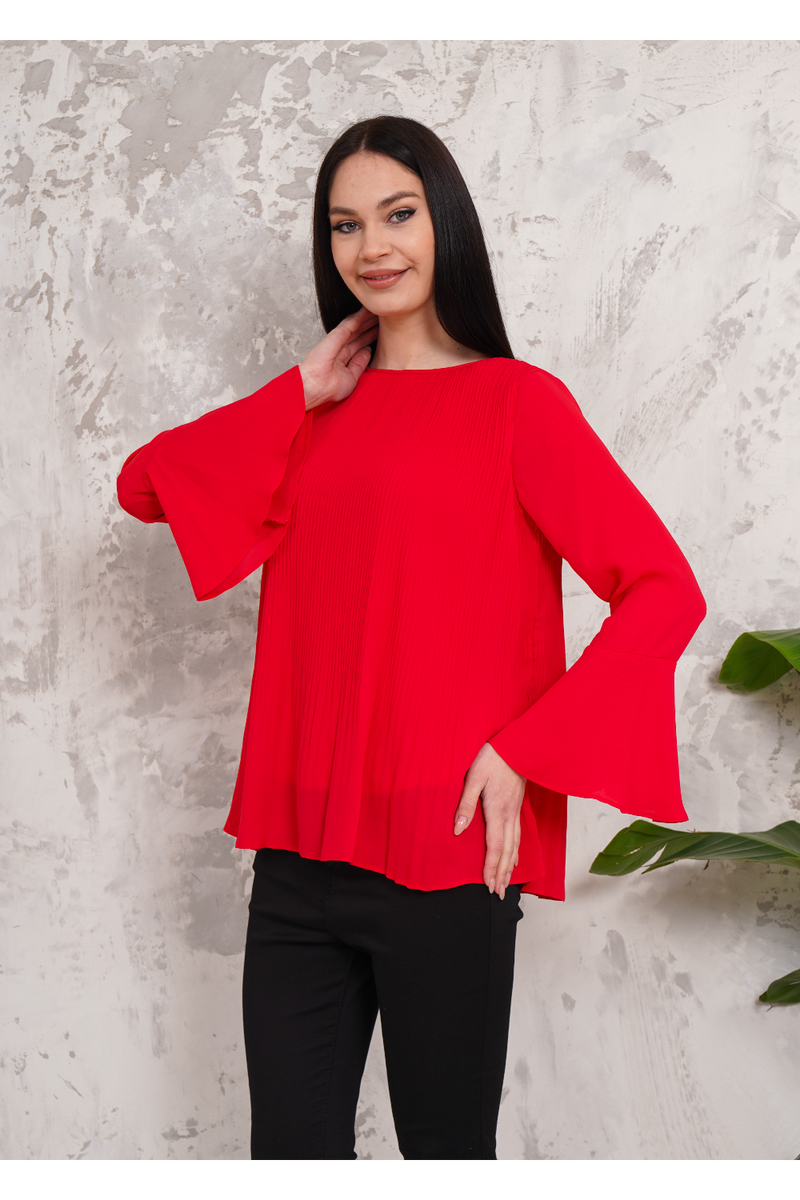 Oversized Bell Sleeve Detailed Pleated Blouse Top in Red