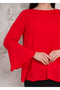 Oversized Bell Sleeve Detailed Pleated Blouse Top in Red