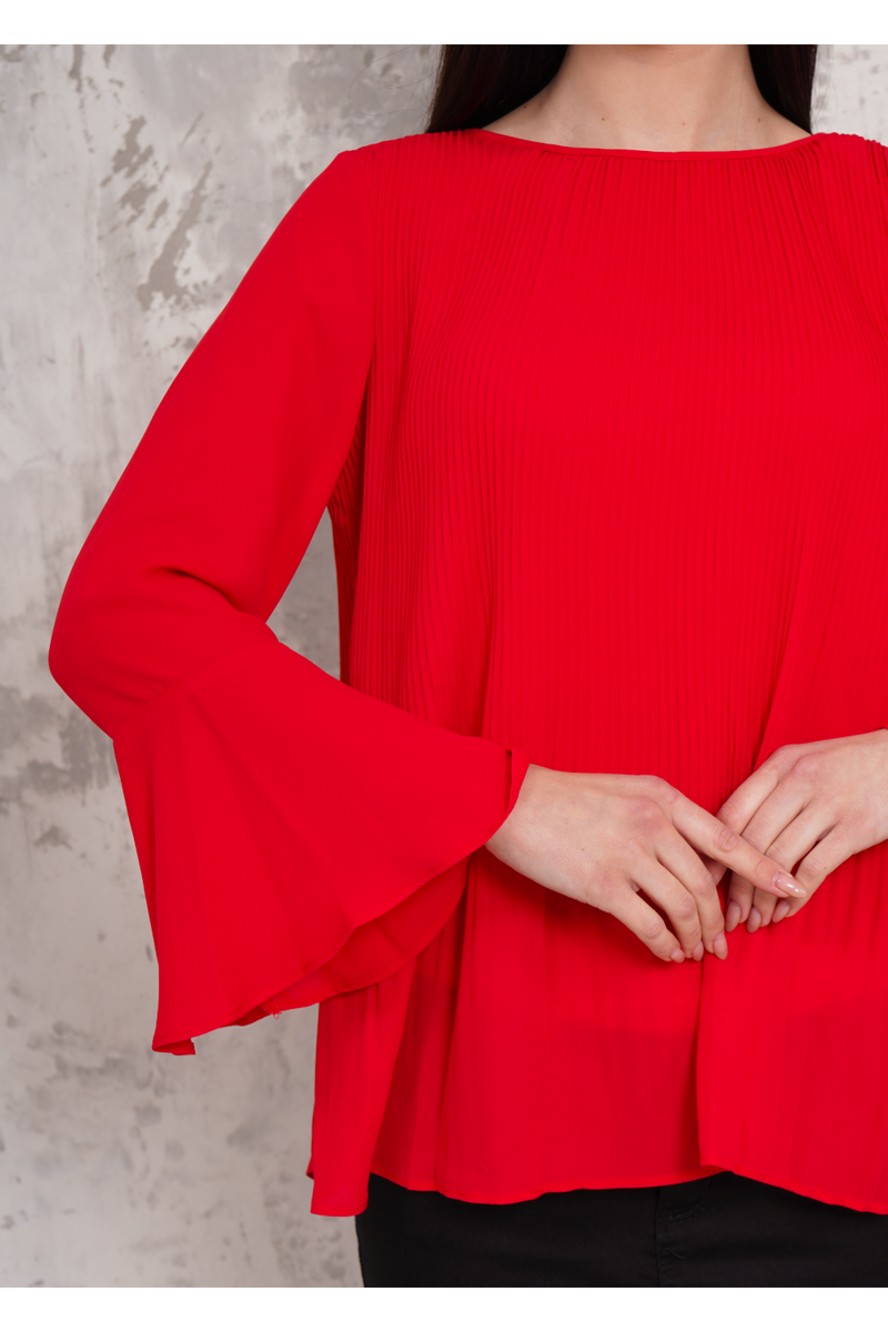 Oversized Bell Sleeve Detailed Pleated Blouse Top in Red