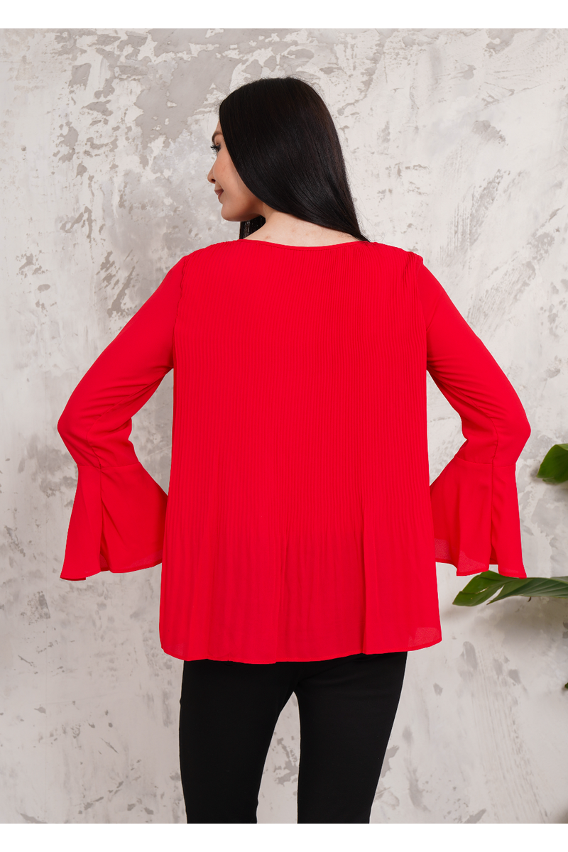 Oversized Bell Sleeve Detailed Pleated Blouse Top in Red