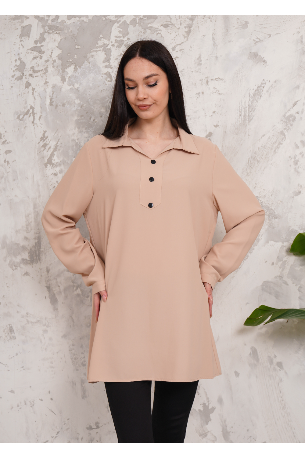 Oversized Long Sleeves Button Detailed Tunic in Beige