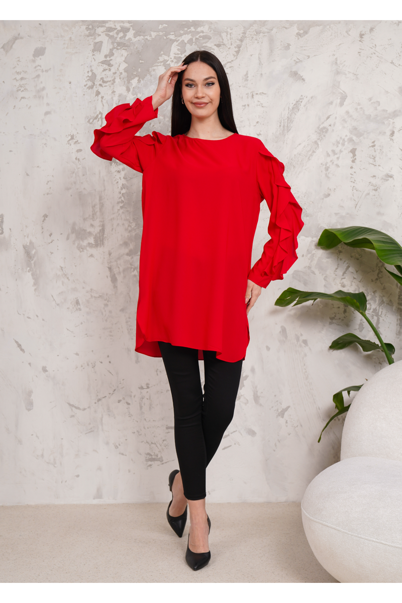 Oversized Long Ruffle Sleeve Relaxed Fit Tunic in Red
