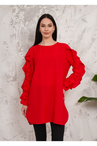 Oversized Long Ruffle Sleeve Relaxed Fit Tunic in Red