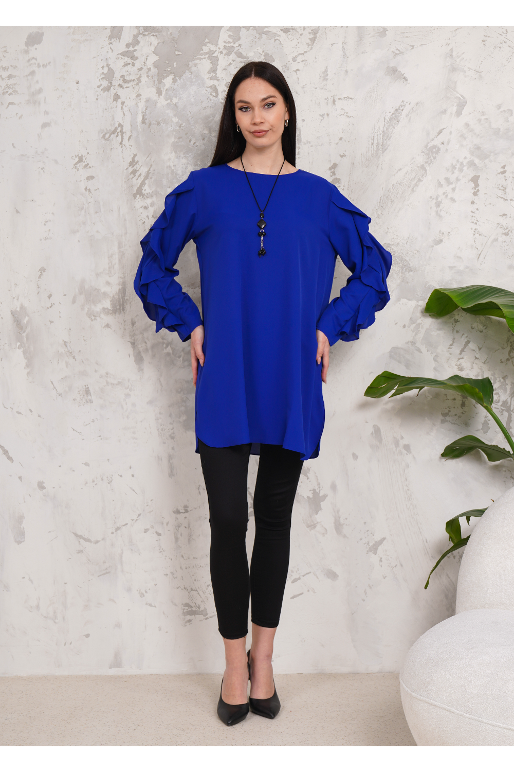 Oversized Long Ruffle Sleeve Relaxed Fit Tunic in Royal Blue