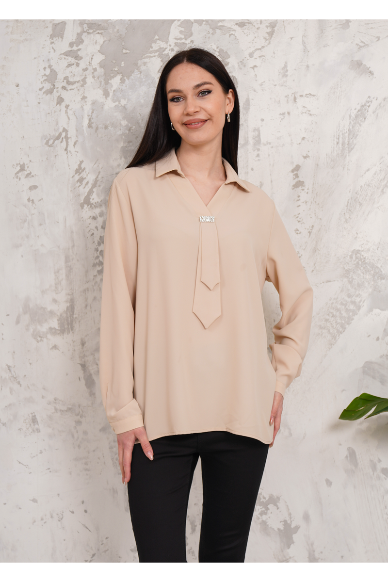 Relaxed Fit Long Sleeve Blouse with Tie Detail in Beige