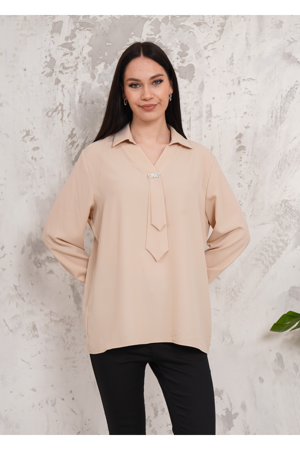 Relaxed Fit Long Sleeve Blouse with Tie Detail in Beige