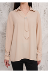 Relaxed Fit Long Sleeve Blouse with Tie Detail in Beige