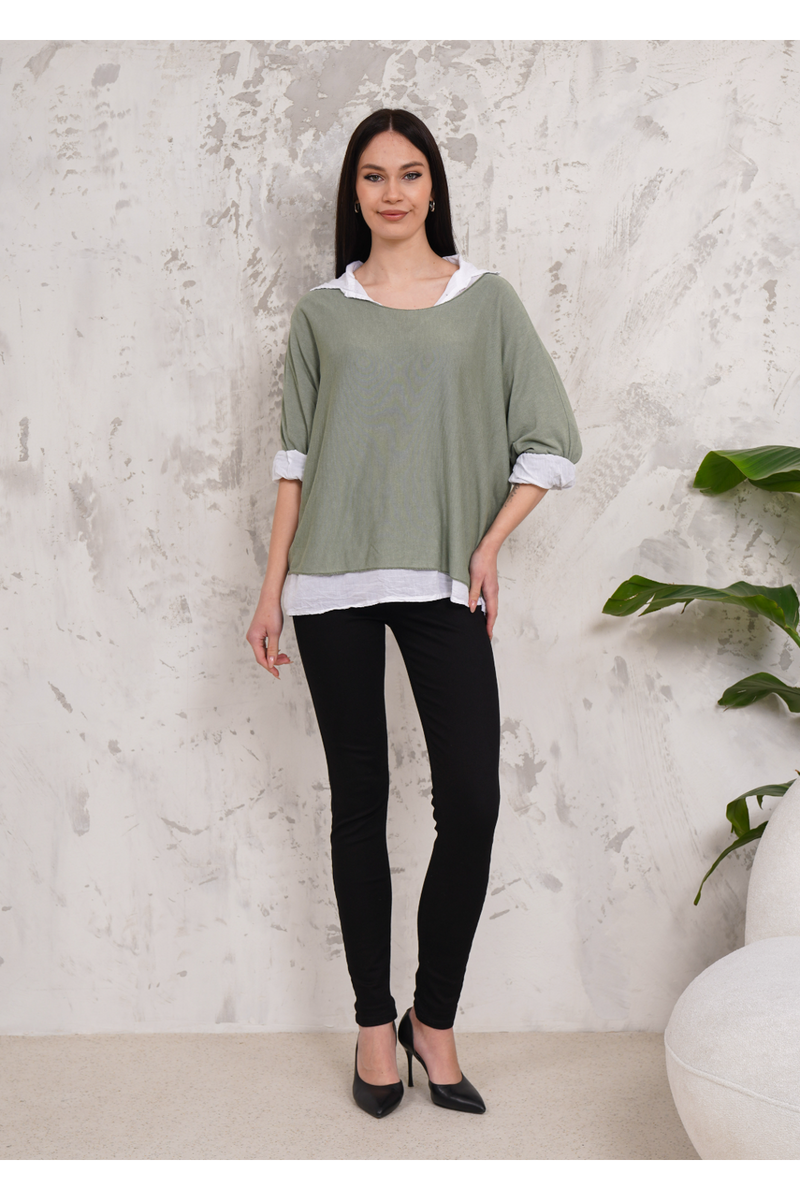 Oversized Double Layer Top and Shirt with 3/4 Sleeve in Khaki