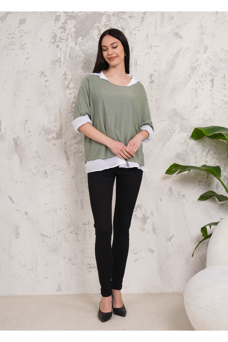 Oversized Double Layer Top and Shirt with 3/4 Sleeve in Khaki