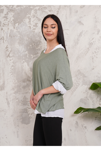 Oversized Double Layer Top and Shirt with 3/4 Sleeve in Khaki
