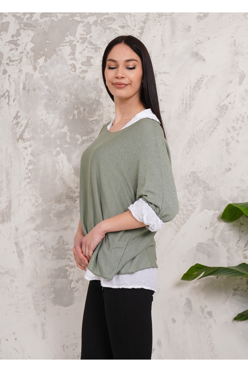 Oversized Double Layer Top and Shirt with 3/4 Sleeve in Khaki