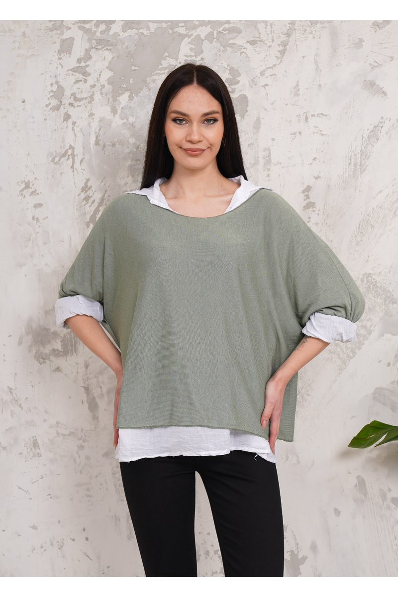 Oversized Double Layer Top and Shirt with 3/4 Sleeve in Khaki